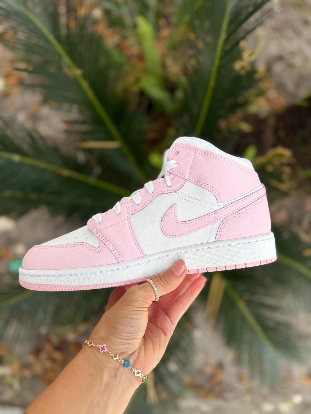 Bling pink and white toddler/kids/womens Jordan 1 mids