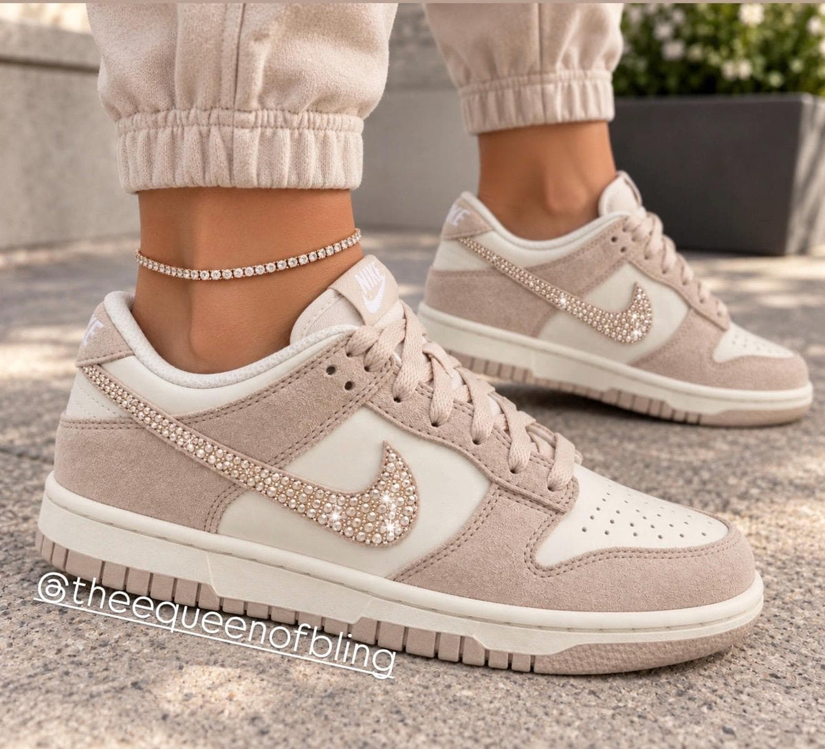 Custom bling cream suede dunks with Swarvoski crystals